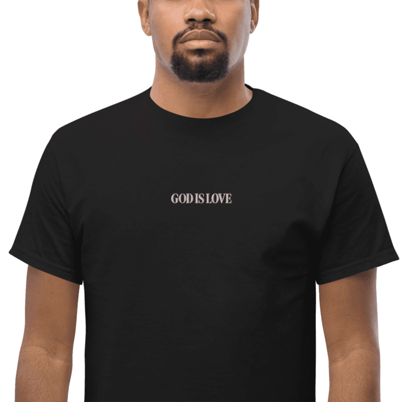 Centered embroidered GOD IS LOVE wordmark
