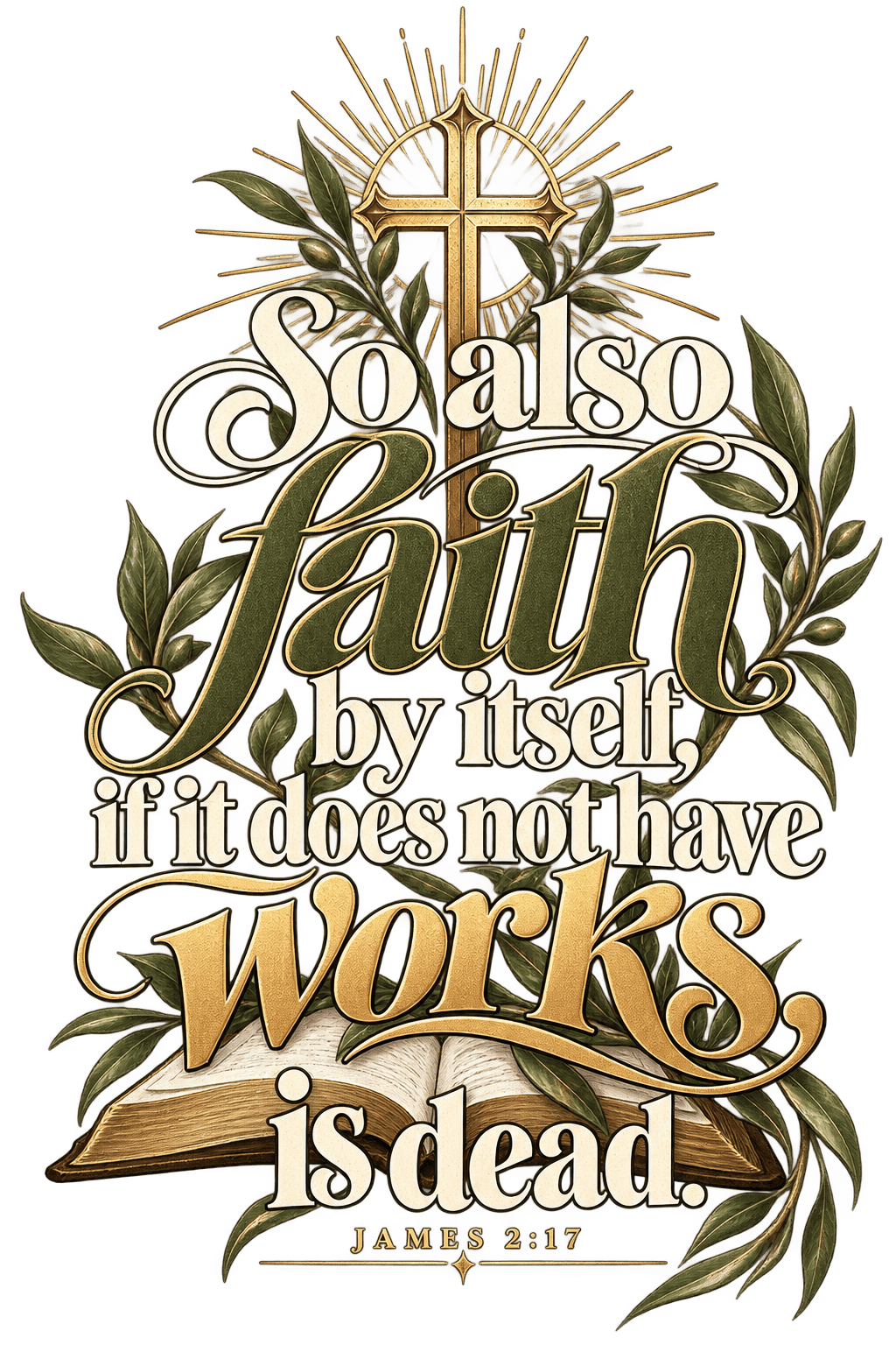 Close-up of the front graphic — cross, olive branches, and an open Bible, James 2:17