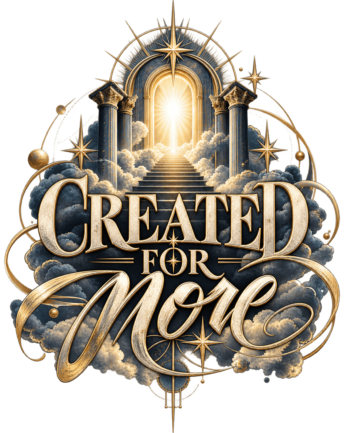Close-up of the back graphic — Created for More emblem