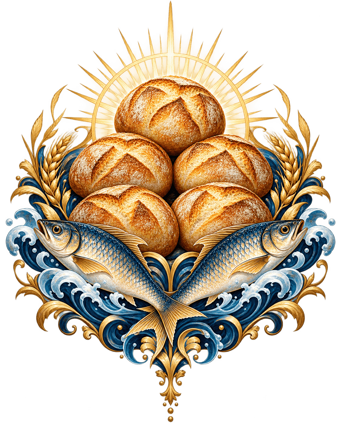 Close-up of the front graphic — Loaves and Fishes emblem