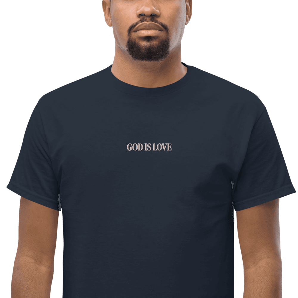 Centered embroidered GOD IS LOVE wordmark