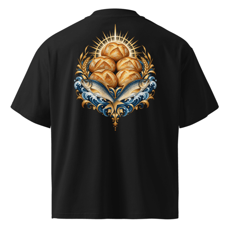 Back — Loaves and Fishes, five loaves and two fish emblem with wheat and gold waves