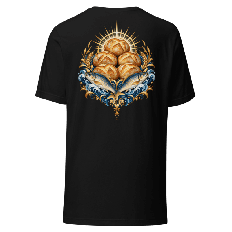 Back — Loaves and Fishes, five loaves and two fish emblem with wheat and gold waves