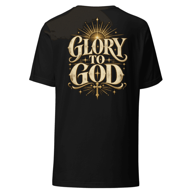 Back — Glory to God, vintage gold sunburst emblem